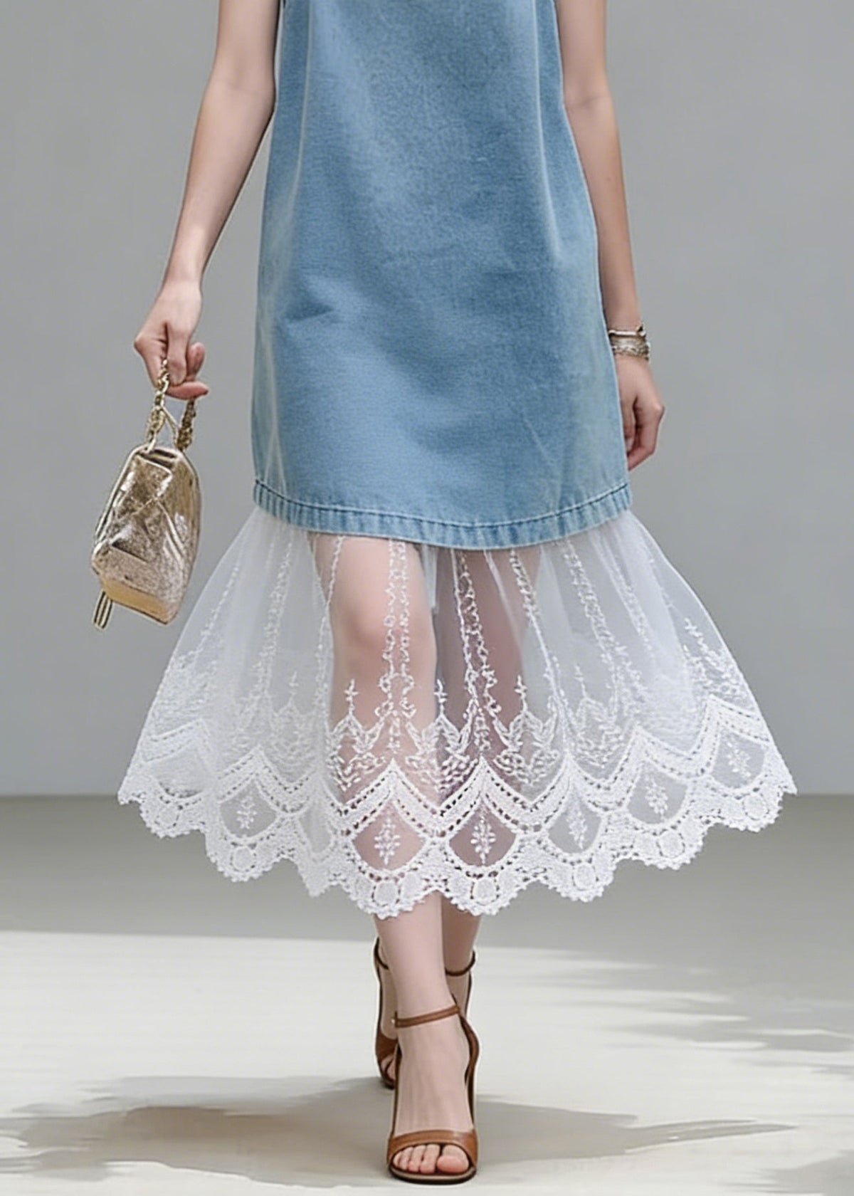 Blue Lace Patchwork Tops Spaghetti Strap Two Piece Set - View 4