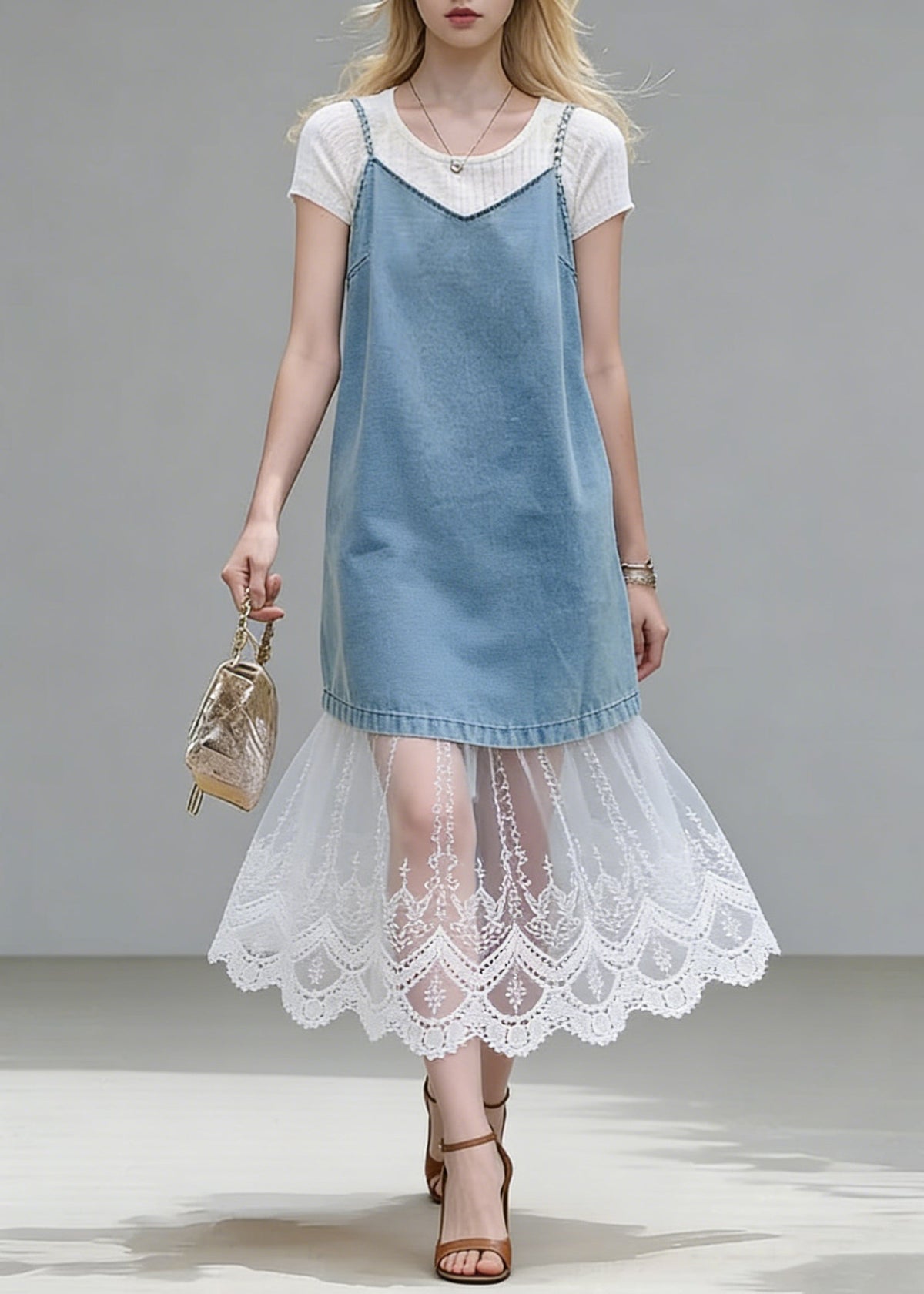 Blue Lace Patchwork Tops Spaghetti Strap Two Piece Set - View 5