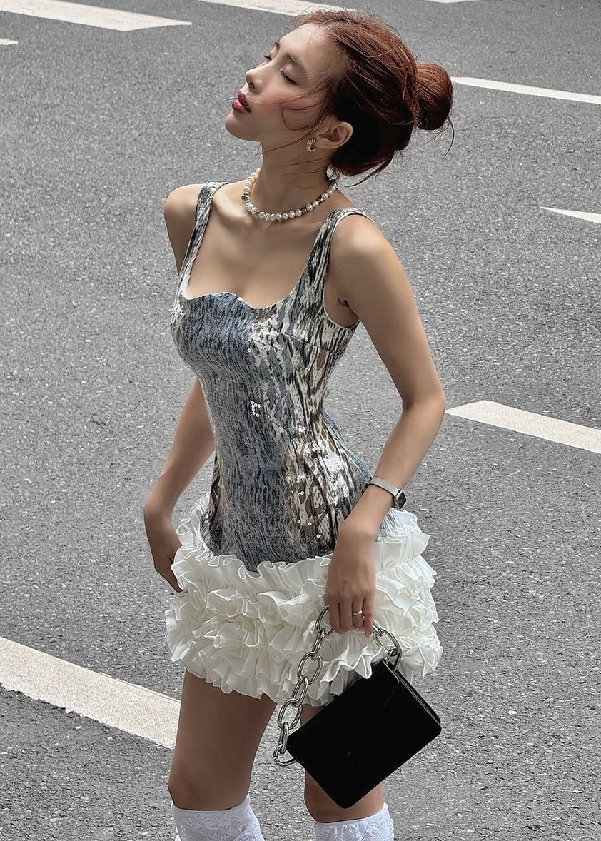 Sequin Square Neck Sleeveless Ruffle Fit and Flare Mini Party Dress - View 3