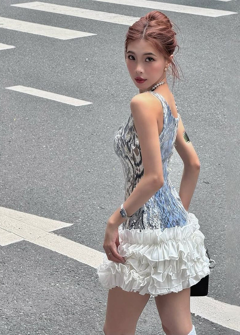 Sequin Square Neck Sleeveless Ruffle Fit and Flare Mini Party Dress - View 4
