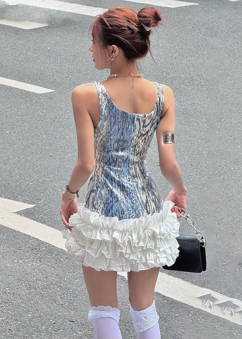 Sequin Square Neck Sleeveless Ruffle Fit and Flare Mini Party Dress - View 5