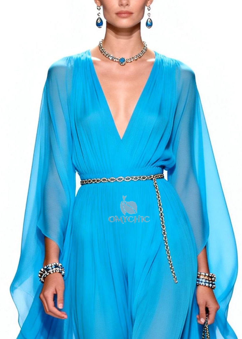Stylish Blue V Neck Draping Chiffon Maxi Dresses Summer - View 2