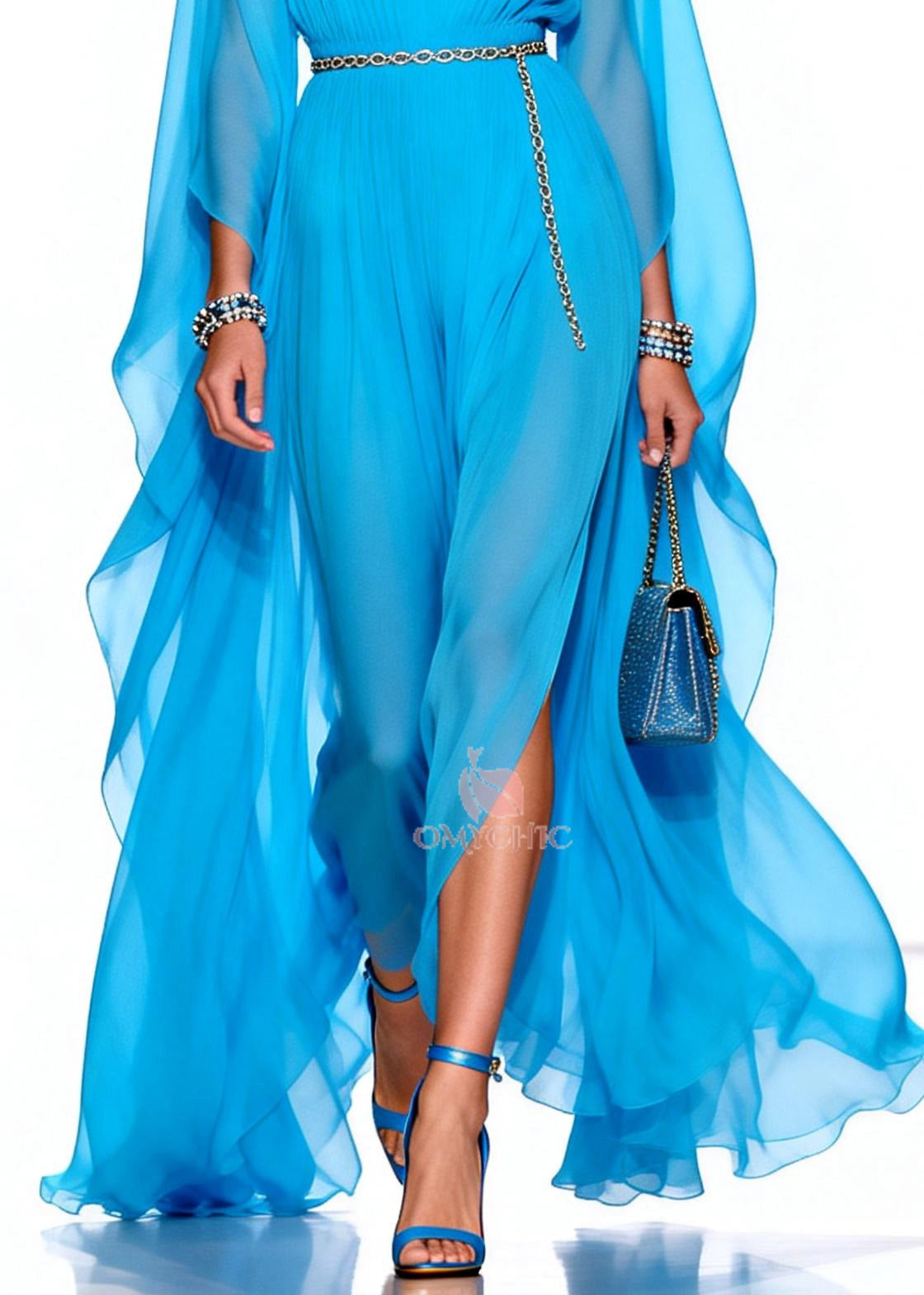 Stylish Blue V Neck Draping Chiffon Maxi Dresses Summer - View 4