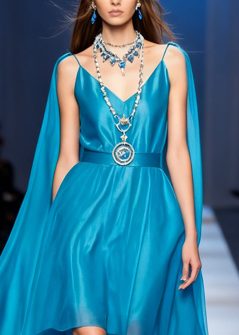 Spaghetti Strap Deep V-Neck Chiffon Belted High Low Cape Maxi Dress - View 2