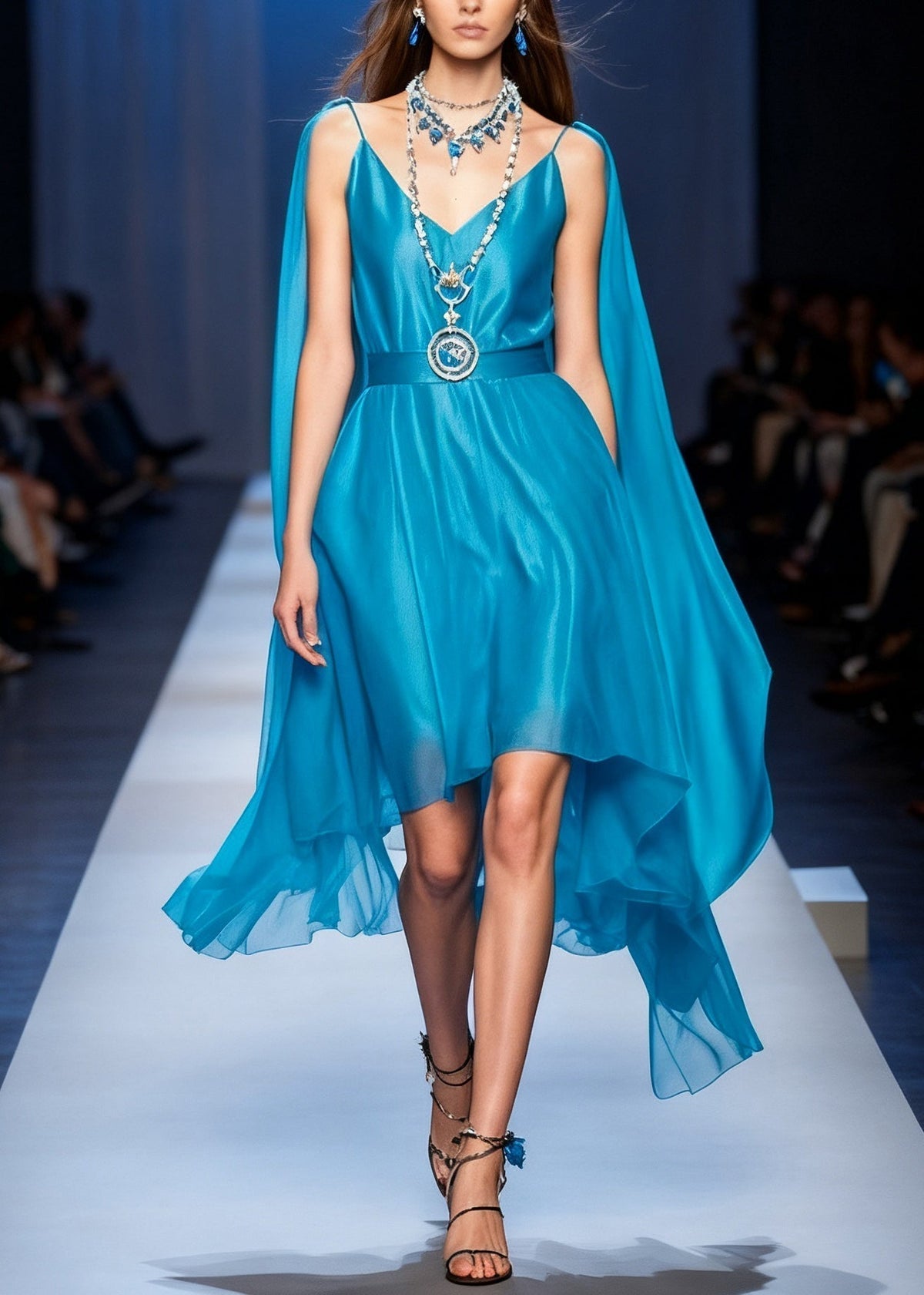 Spaghetti Strap Deep V-Neck Chiffon Belted High Low Cape Maxi Dress - View 3