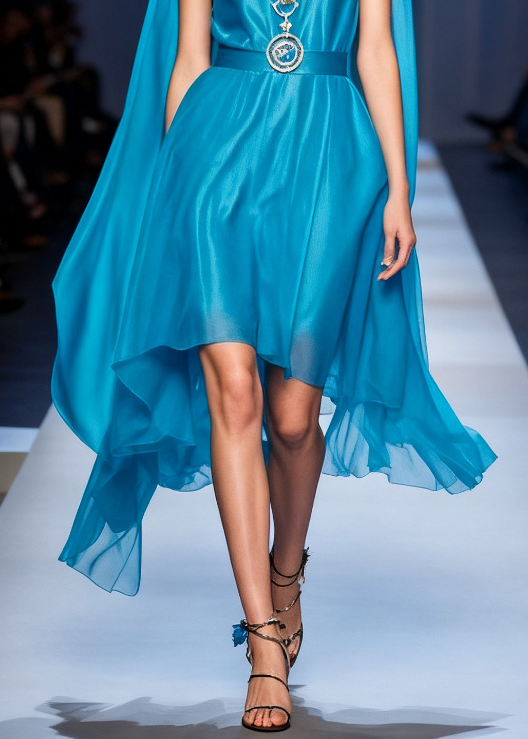 Spaghetti Strap Deep V-Neck Chiffon Belted High Low Cape Maxi Dress - View 4