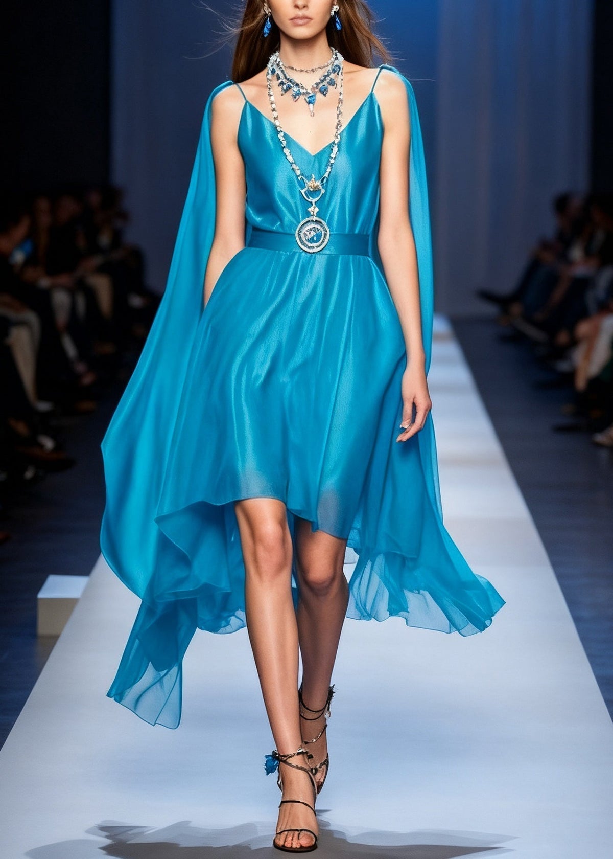 Spaghetti Strap Deep V-Neck Chiffon Belted High Low Cape Maxi Dress - View 5
