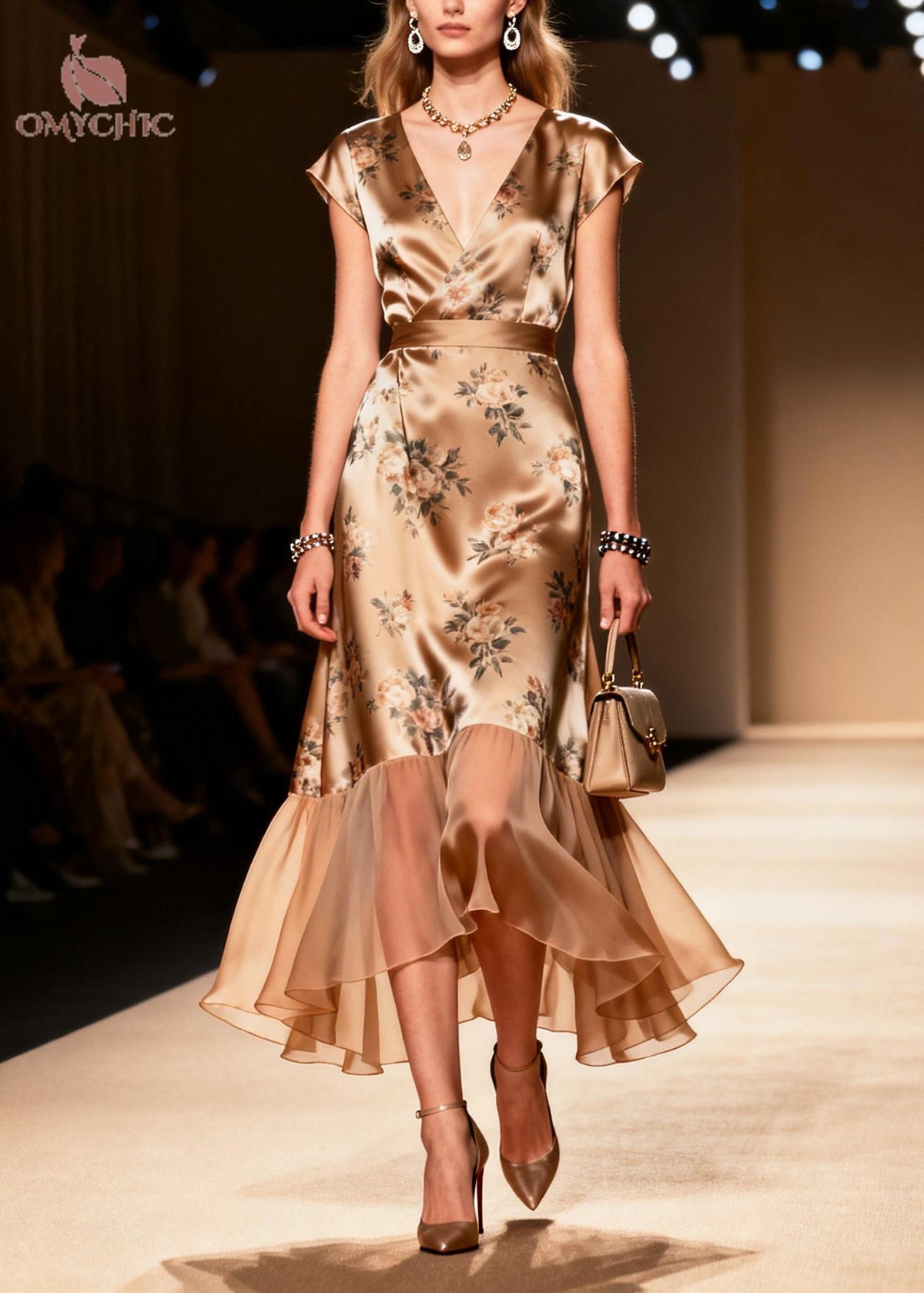 Satin Floral Print Deep V-Neck Wrap Cap Sleeve Belted Midi Dress - View 3