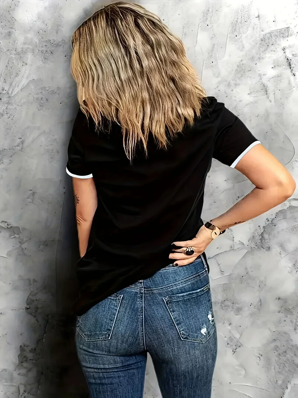 Coffee & Printed - All-Season Crew Neck Top With Belt