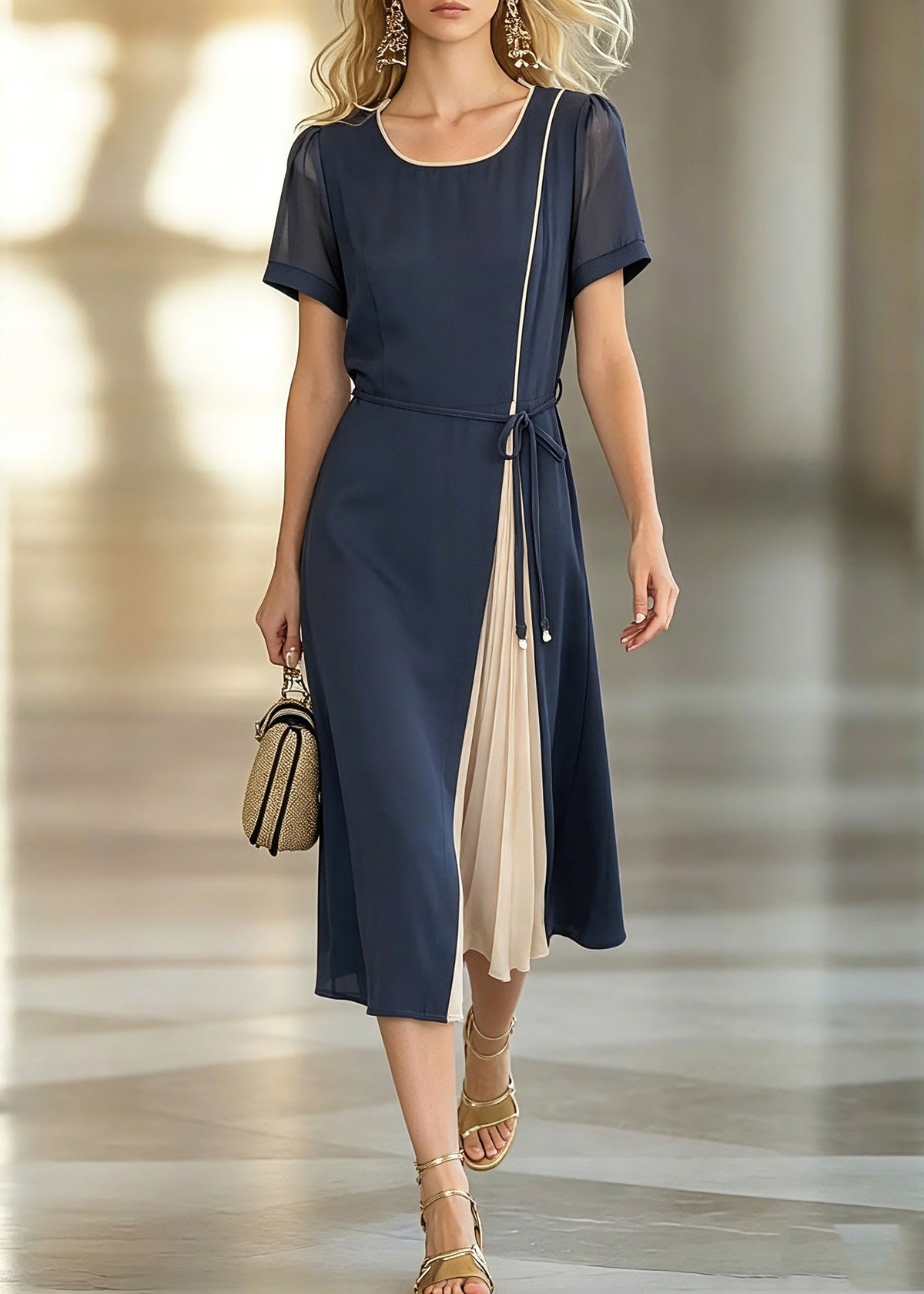 Stylish Dark Blue O-Neck Asymmetrical Patchwork Tie Waist Chiffon Maxi Dresses Short Sleeve - View 5