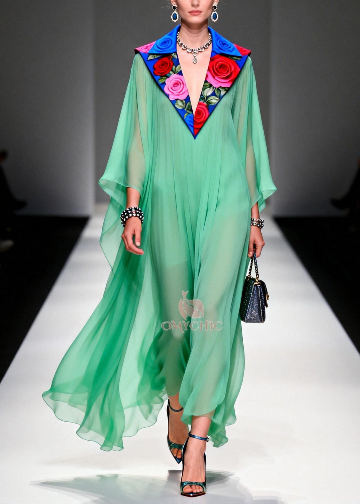 Pleated Sheer Chiffon Floral Embroidered Collar Maxi Gown