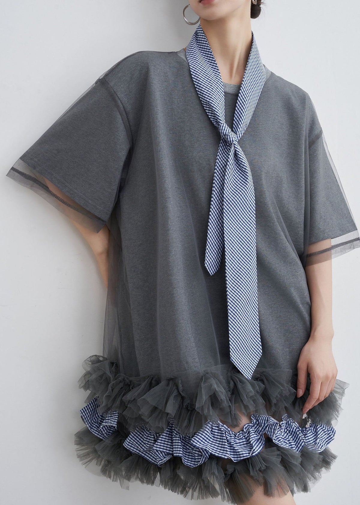 Mesh Overlay Gingham Tie Neck Ruffle Hem T-Shirt Dress