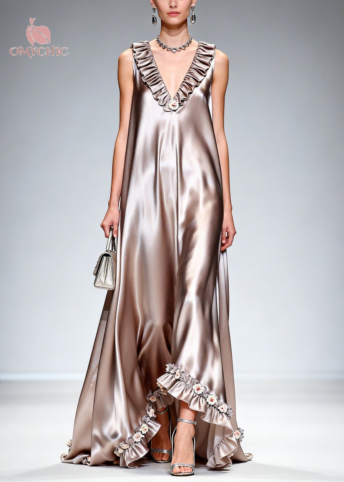 Ruffle Trim Deep V-Neck Floral Appliqué High Low Hem Maxi Gown