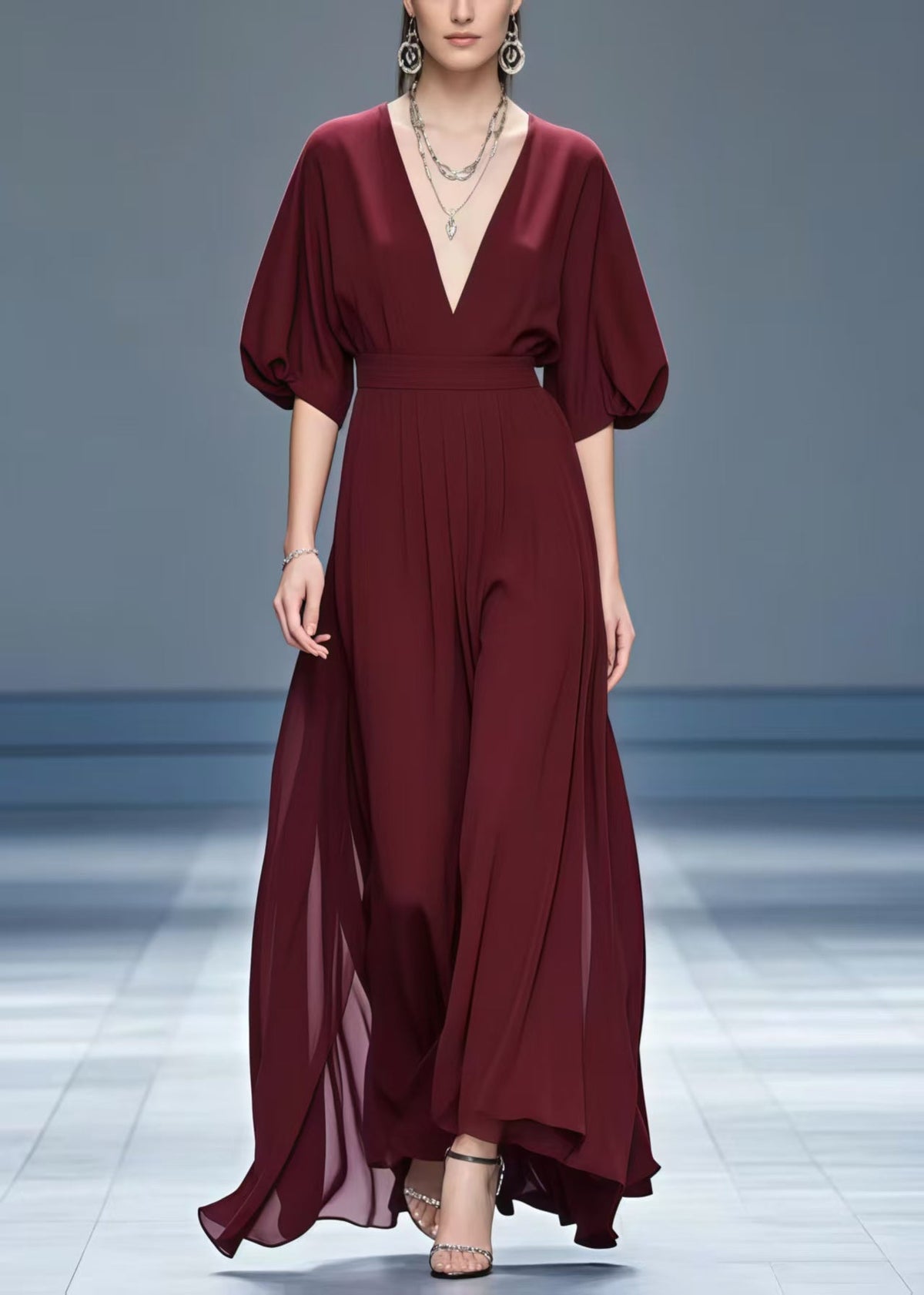 Stylish Mulberry V Neck Chiffon Maxi Dresses Summer - View 5