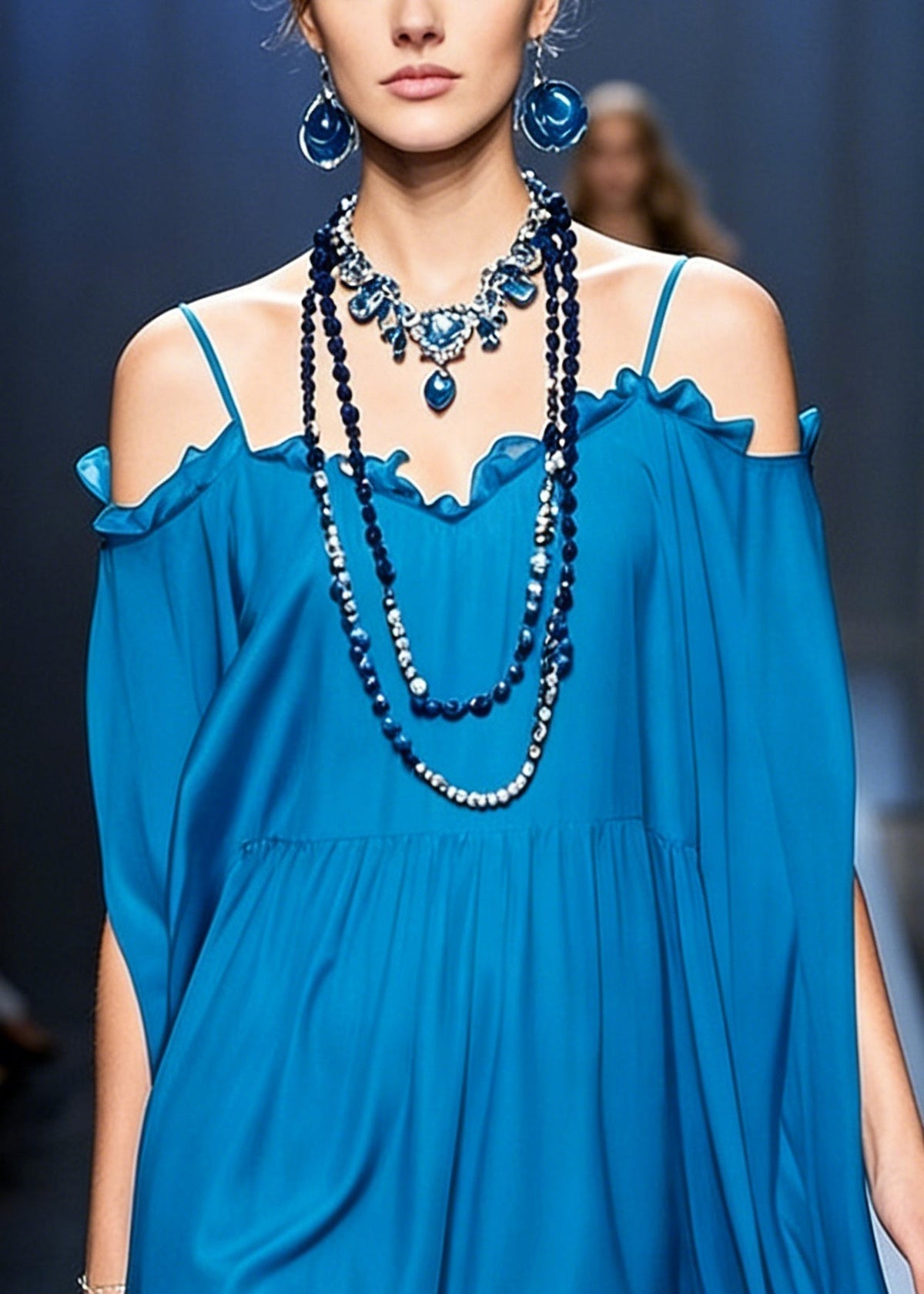 Peacock Blue Cold Shoulder Ruffled Chiffon Spaghetti Strap Dress - View 2