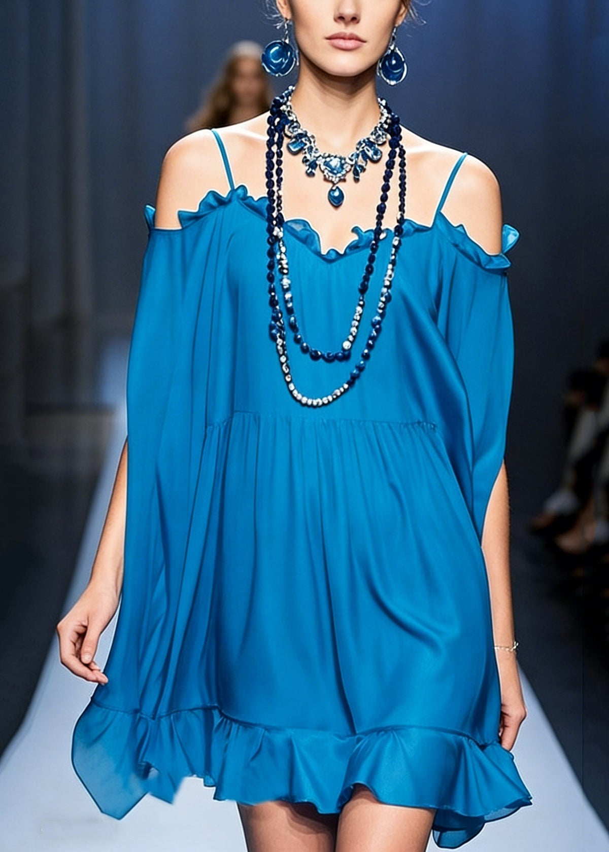 Peacock Blue Cold Shoulder Ruffled Chiffon Spaghetti Strap Dress - View 3