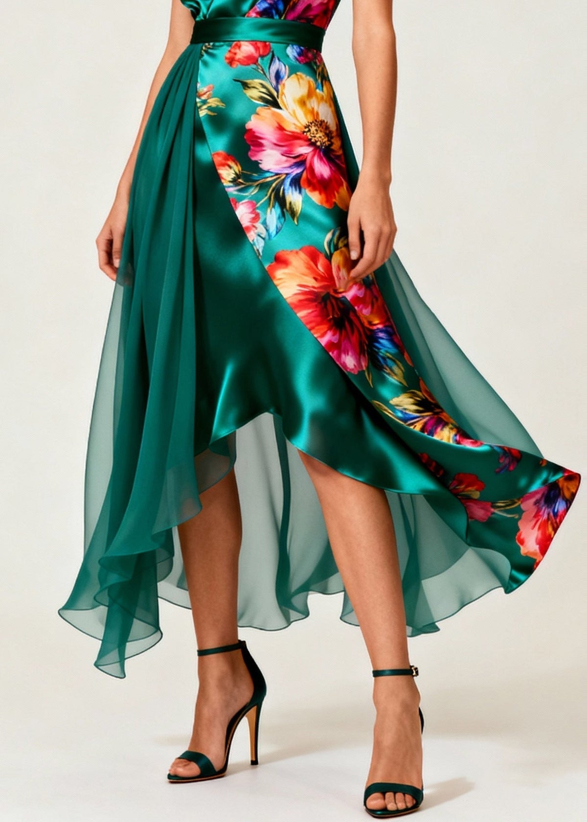 Floral Print Deep V-Neck Wrap Asymmetrical Tiered Chiffon Midi Dress - View 4
