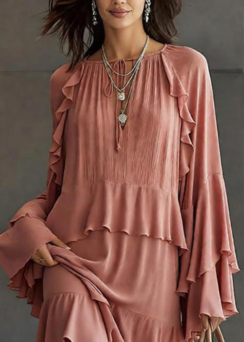Stylish Pink Ruffled Patchwork Chiffon Mid Dress Spring - View 2
