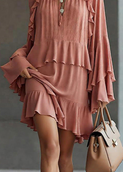 Stylish Pink Ruffled Patchwork Chiffon Mid Dress Spring - View 4