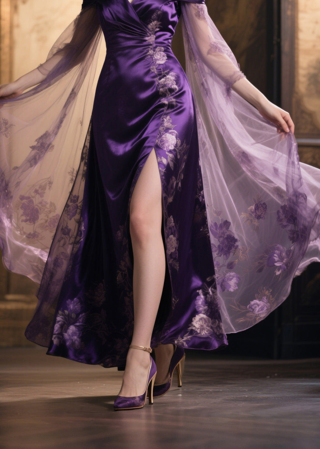 Floral Embroidery Off Shoulder Cape Sleeve High Split Satin Maxi Gown - View 4