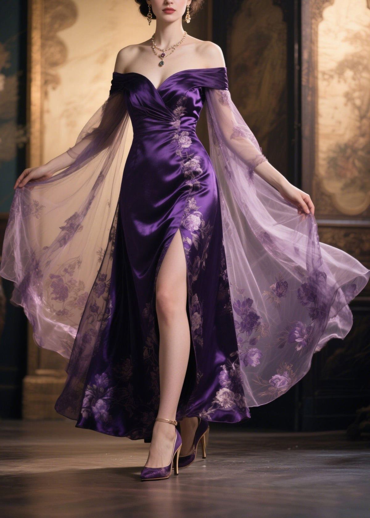 Floral Embroidery Off Shoulder Cape Sleeve High Split Satin Maxi Gown - View 5