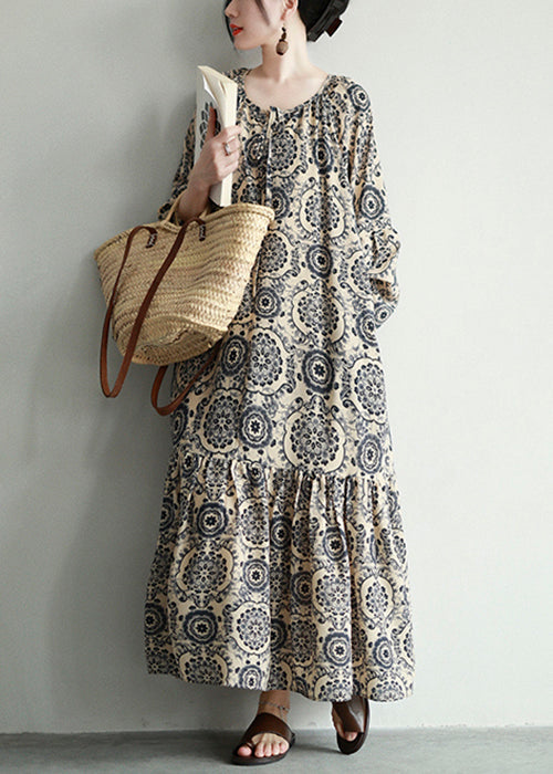 Medallion Print V-Neck Lace Up Tiered Long Sleeve Bohemian Maxi Dress - View 2