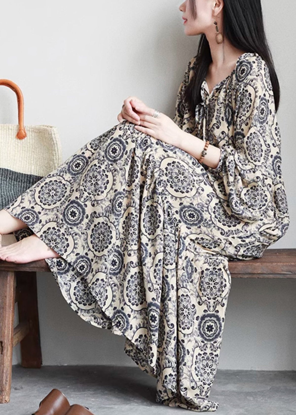 Medallion Print V-Neck Lace Up Tiered Long Sleeve Bohemian Maxi Dress - View 4