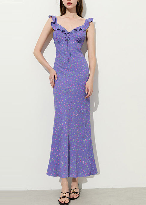 Stylish Purple Ruffled Print Chiffon Party Dress Summer - View 2