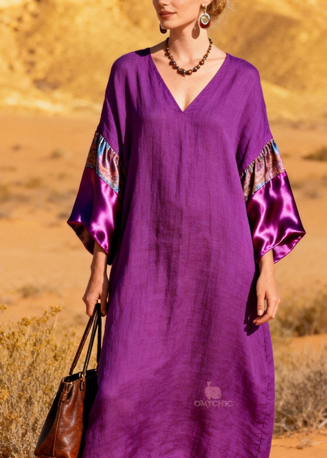 V-Neck Pattern Band Satin Cuff Kimono Sleeve Midi Dress - View 2