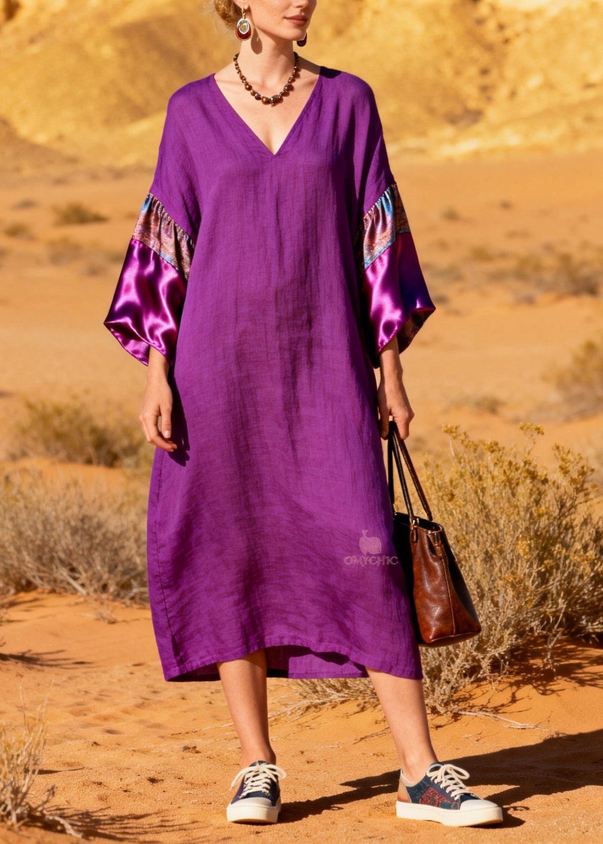 V-Neck Pattern Band Satin Cuff Kimono Sleeve Midi Dress - View 3
