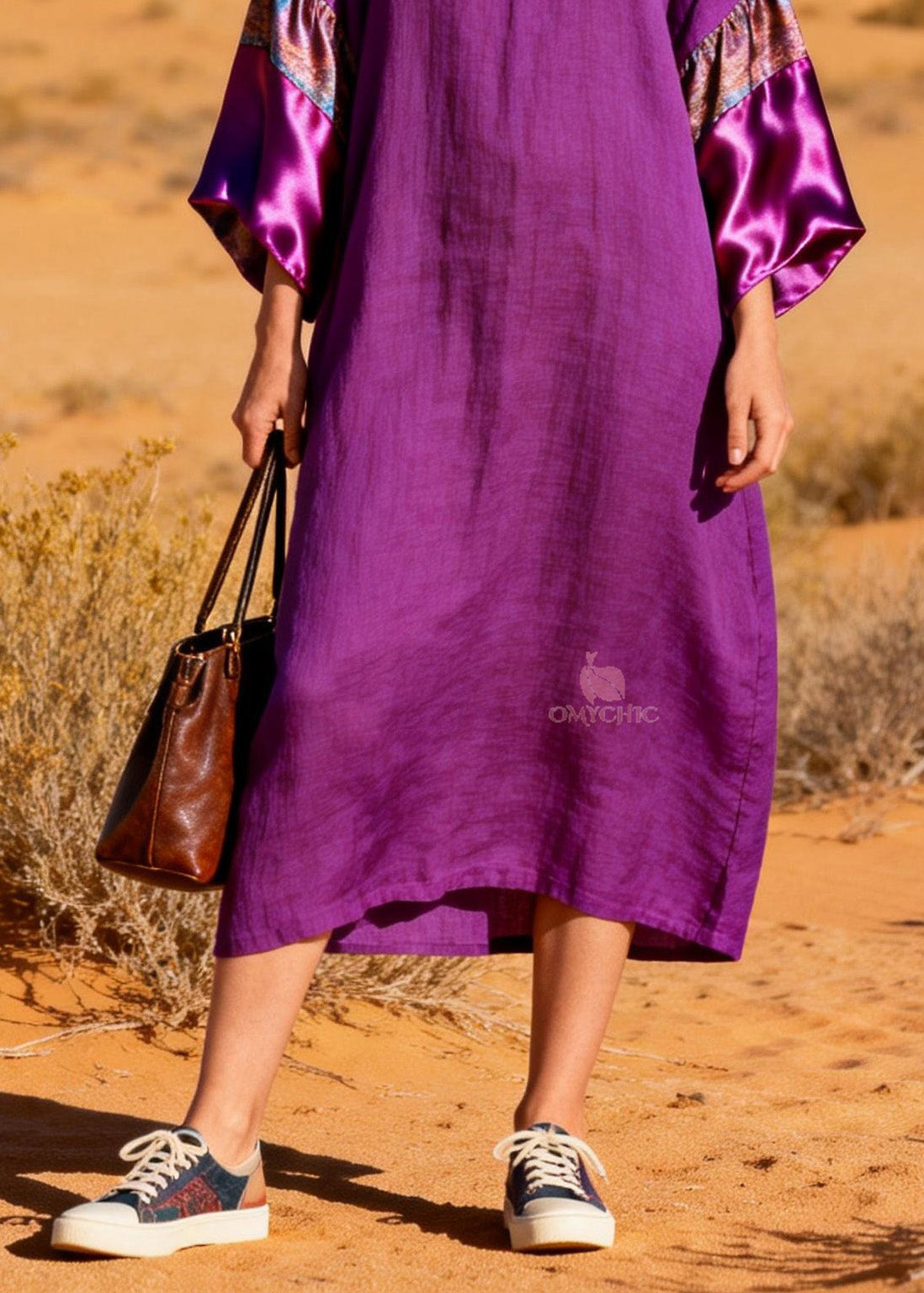 V-Neck Pattern Band Satin Cuff Kimono Sleeve Midi Dress - View 4