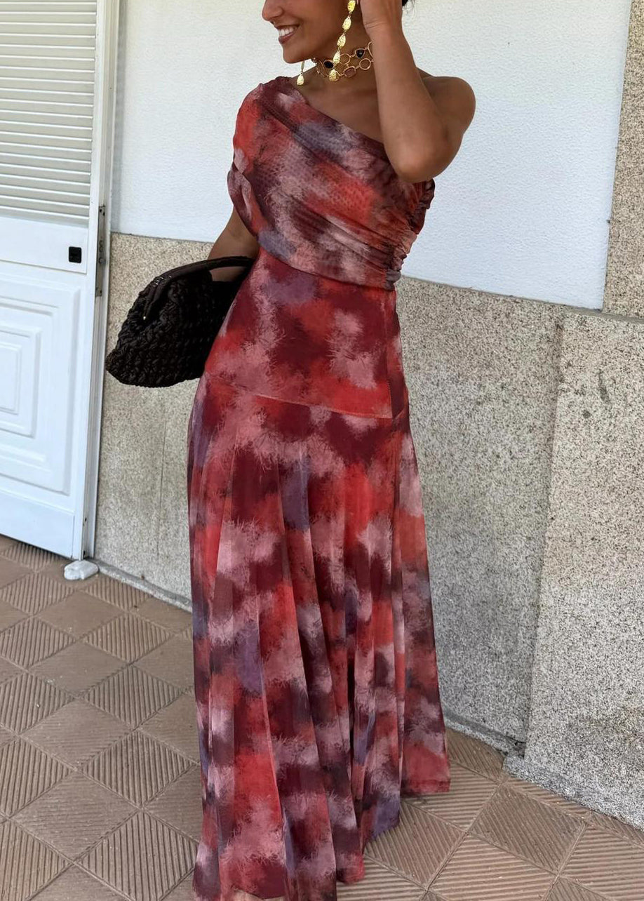 One Shoulder Abstract Print Tulle Draped Ruched Pleated Maxi Dress - View 3