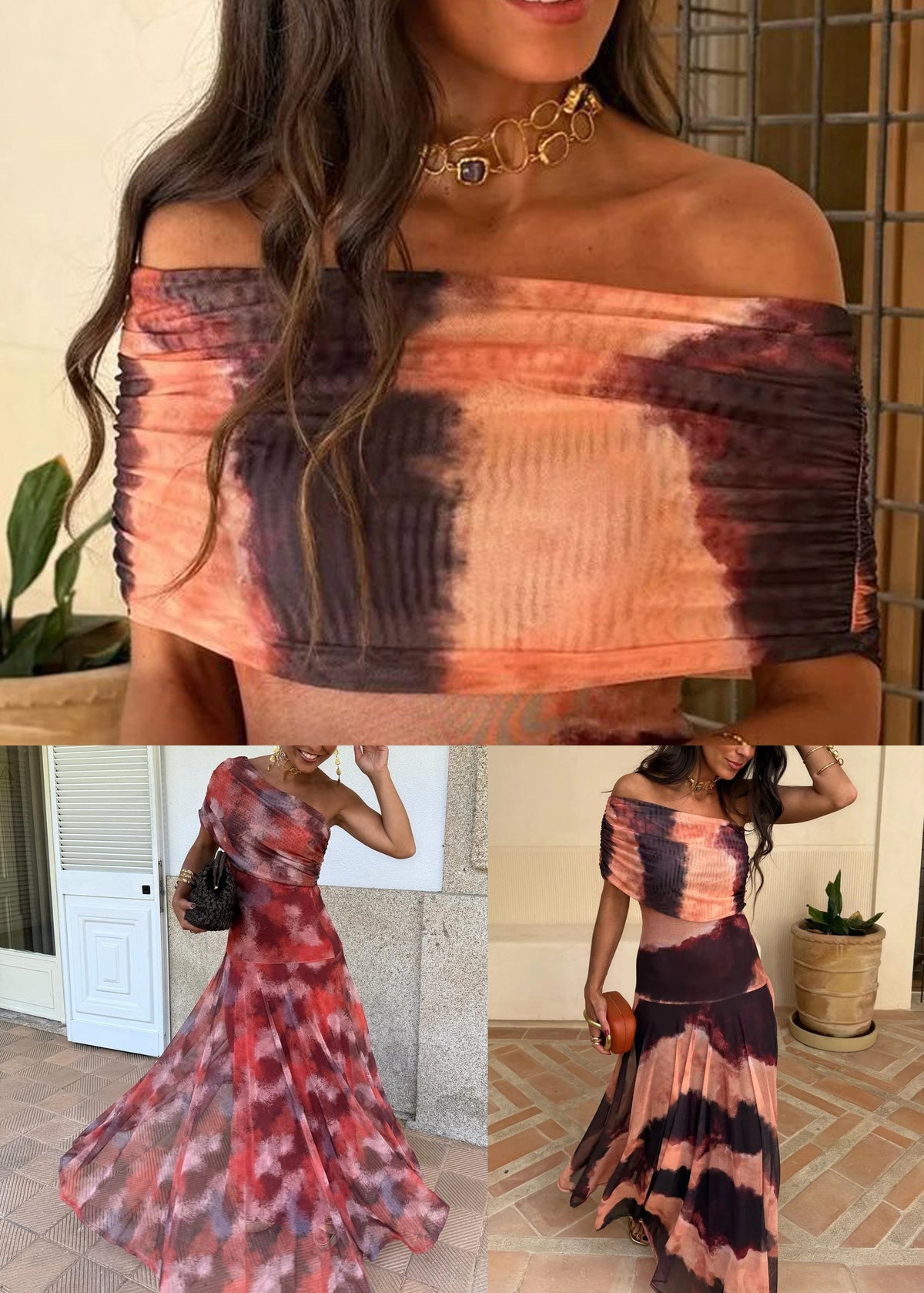 One Shoulder Abstract Print Tulle Draped Ruched Pleated Maxi Dress - View 5
