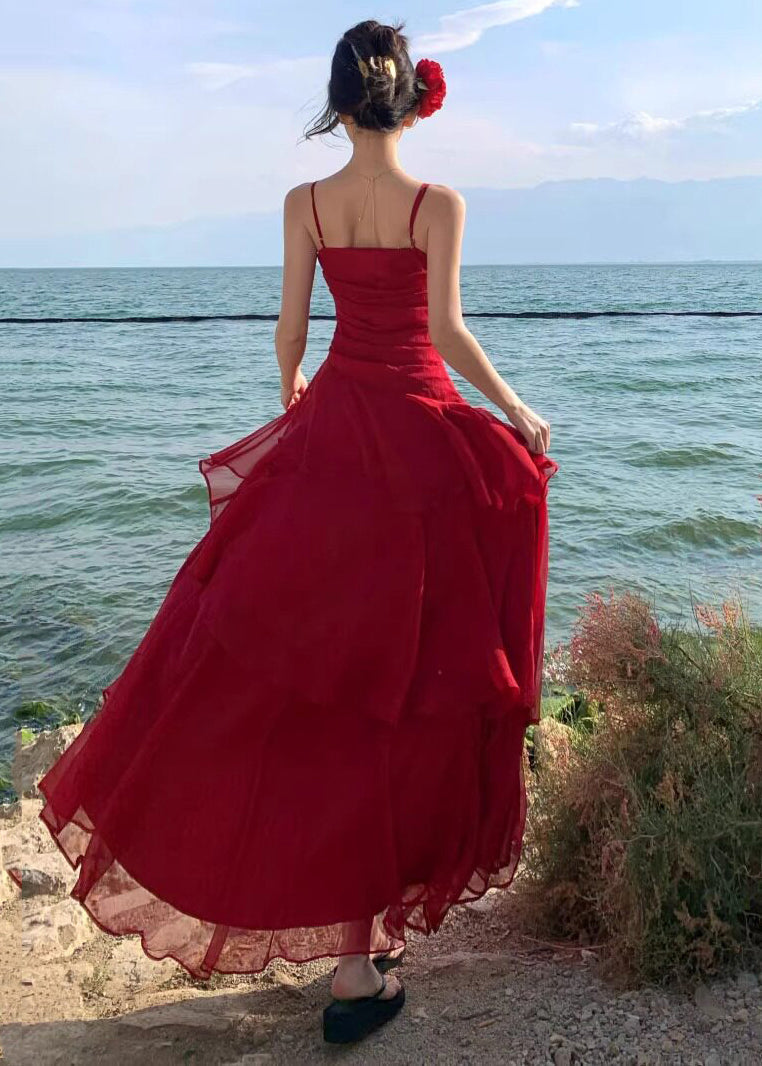 Stylish Red Exra Large Hem Chiffon Spaghetti Strap Dress Summer - View 5