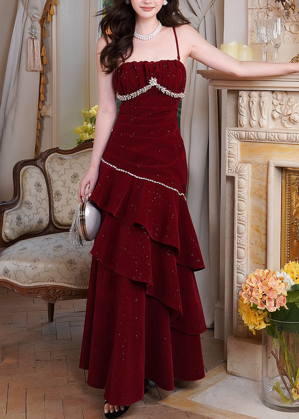 Stylish Red Zircon Ruffled Silk Velvet Maxi Spaghetti Strapi Dresses Summer - View 4
