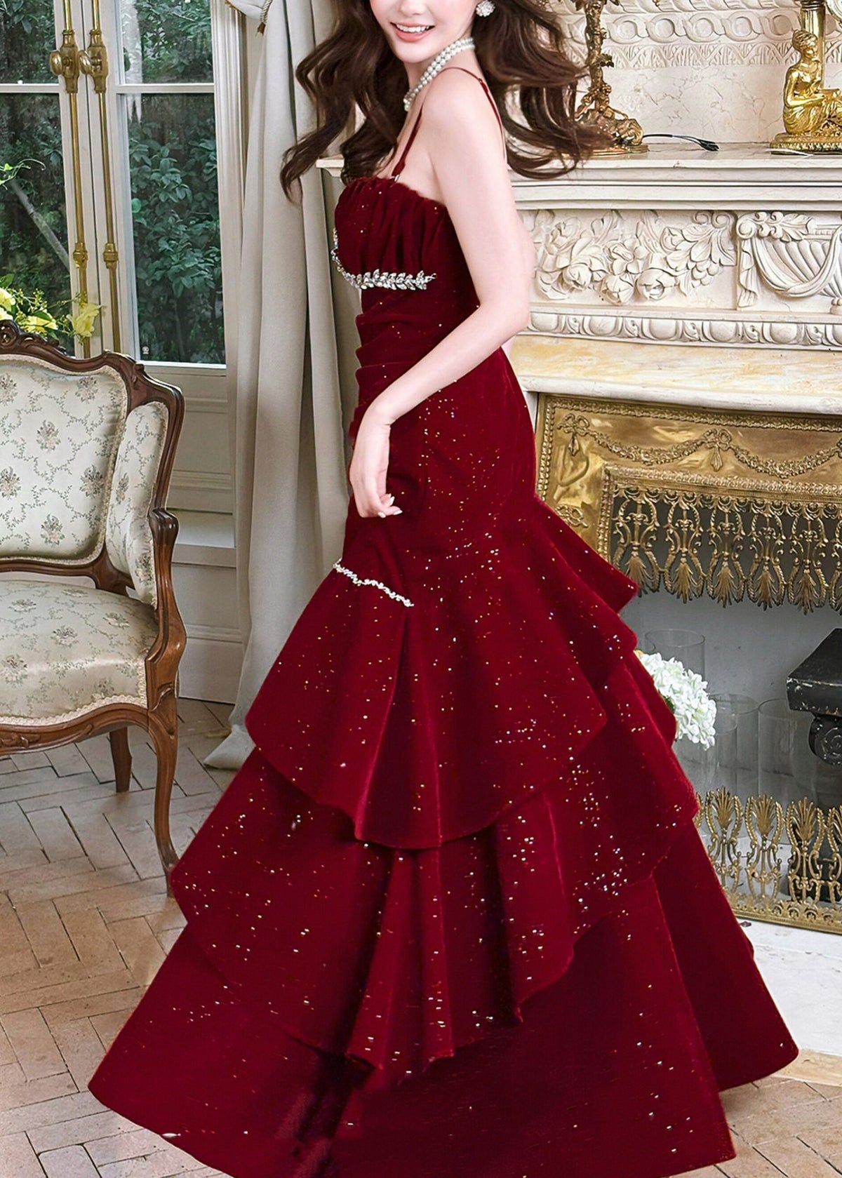 Stylish Red Zircon Ruffled Silk Velvet Maxi Spaghetti Strapi Dresses Summer - View 5