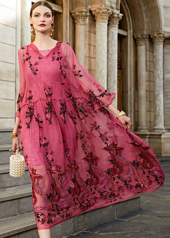 Embroidered Phoenix Floral Hooded V-Neck Bell Sleeve Maxi Dress - View 2