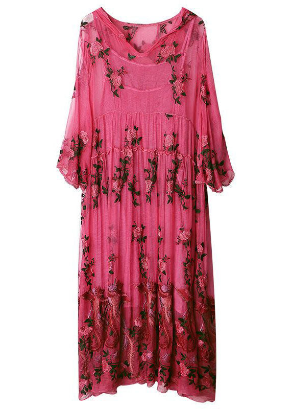 Embroidered Phoenix Floral Hooded V-Neck Bell Sleeve Maxi Dress - View 5