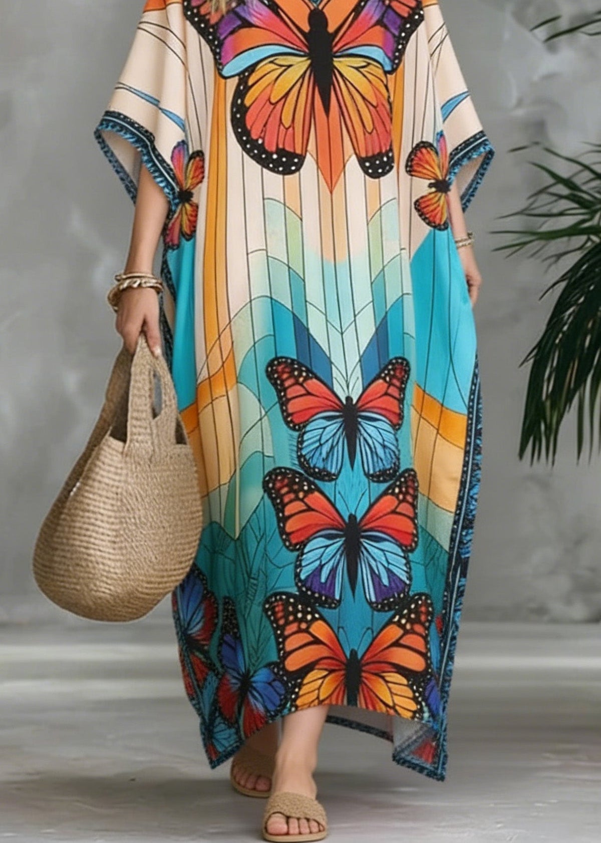 Stylish V Neck Butterfly Print Chiffon Maxi Dresses Summer - View 4
