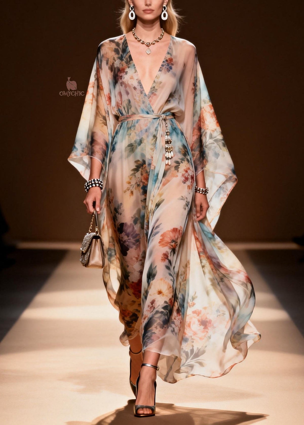 Stylish V Neck Print Loose Chiffon Maxi Dresses Spring - View 5
