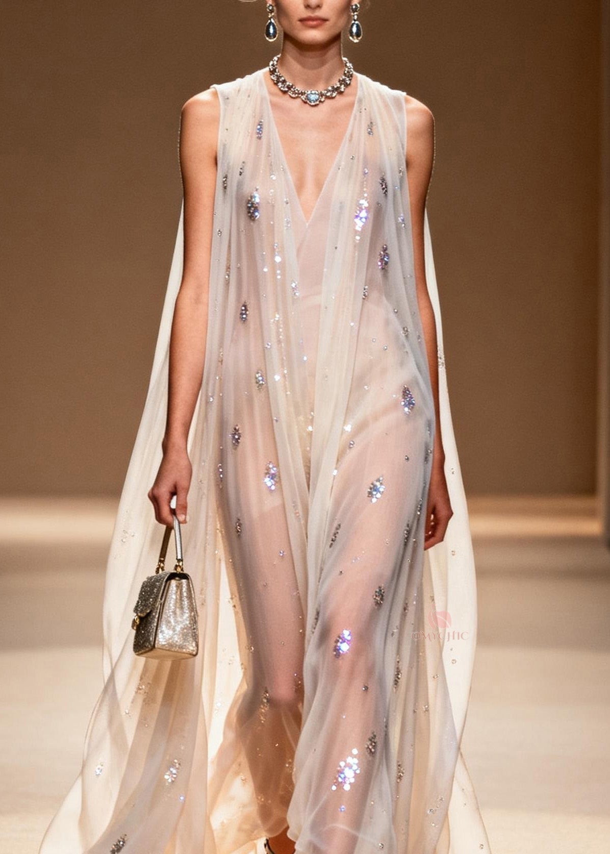 Rhinestone Scatter Deep V-Neck Sleeveless Sheer Cape Overlay Maxi Gown - View 2