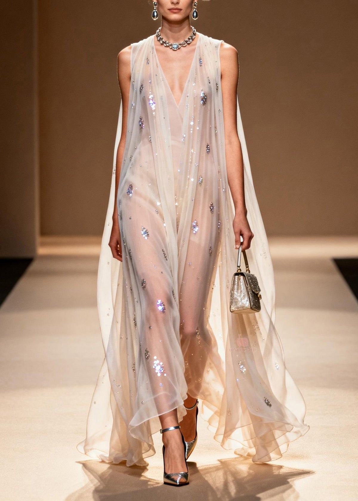Rhinestone Scatter Deep V-Neck Sleeveless Sheer Cape Overlay Maxi Gown - View 3