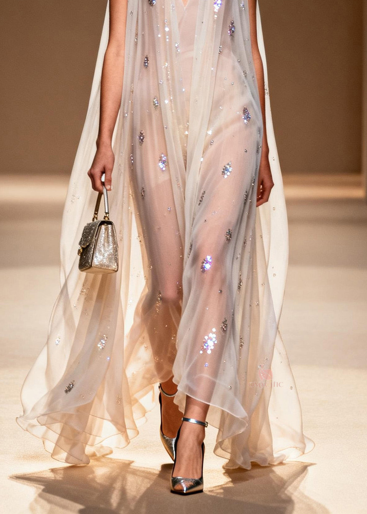 Rhinestone Scatter Deep V-Neck Sleeveless Sheer Cape Overlay Maxi Gown - View 4