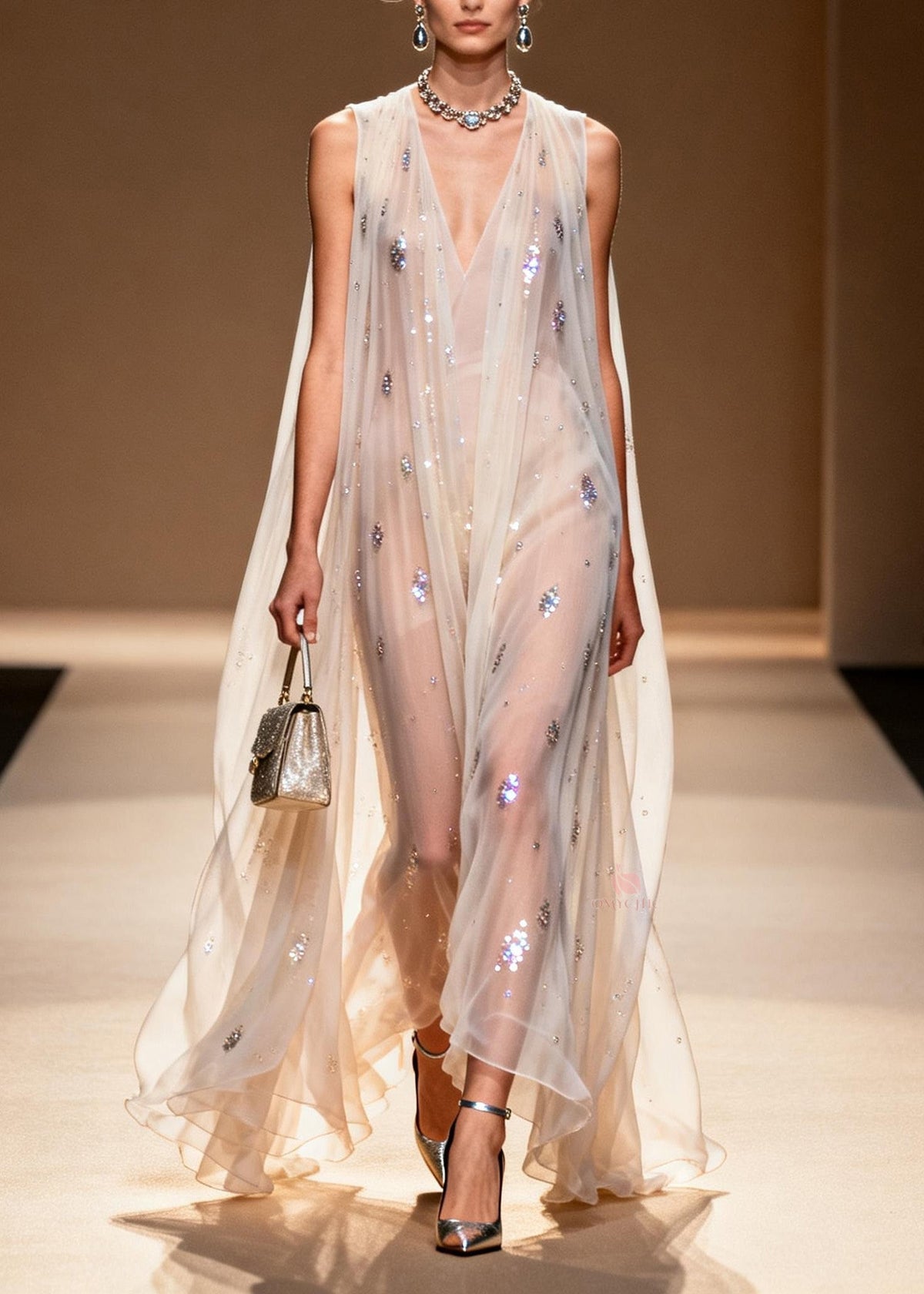 Rhinestone Scatter Deep V-Neck Sleeveless Sheer Cape Overlay Maxi Gown - View 5