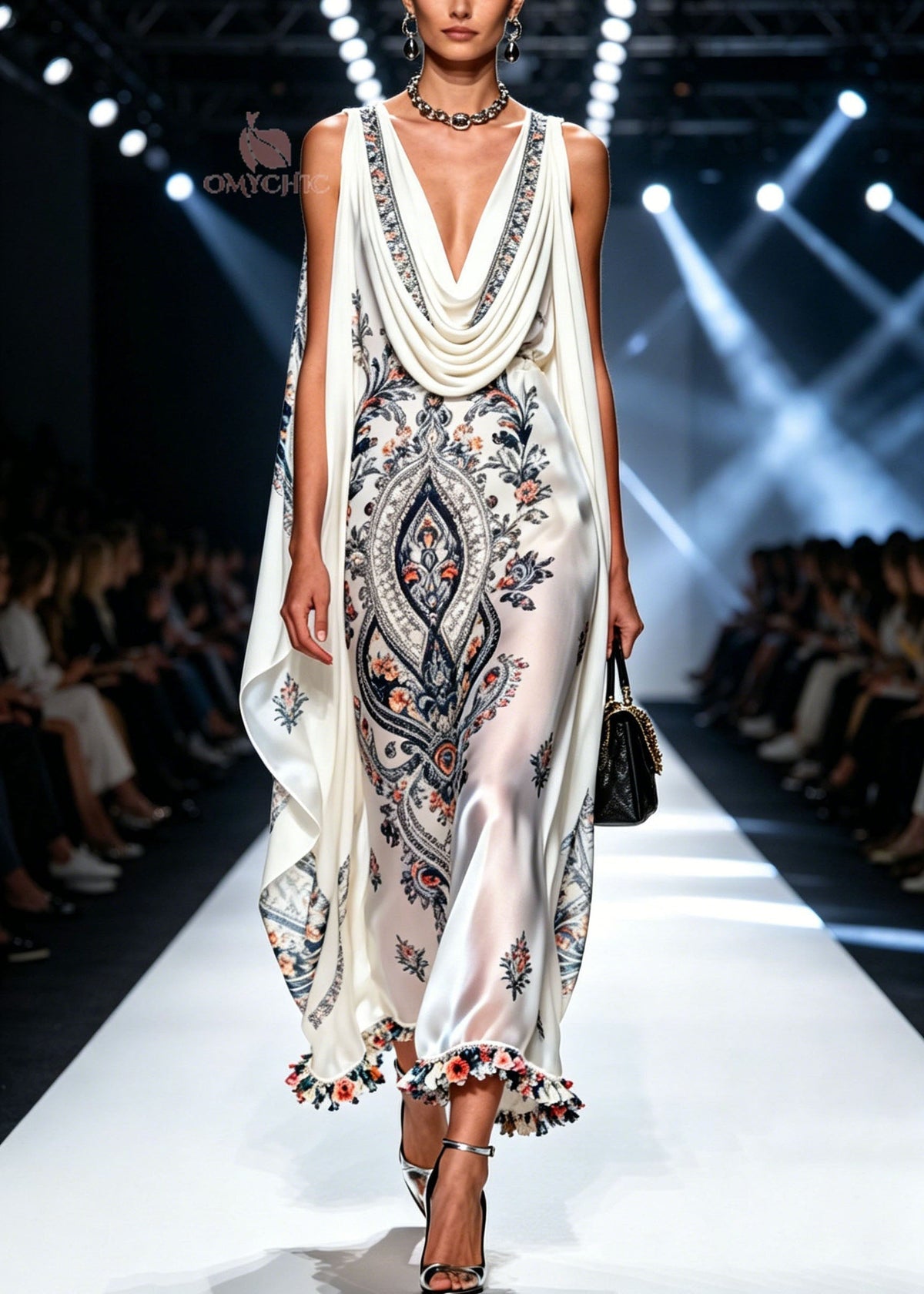 Paisley Floral Print Cowl Neck Shoulder Cape Ruffle Pom Hem Maxi Gown - View 3