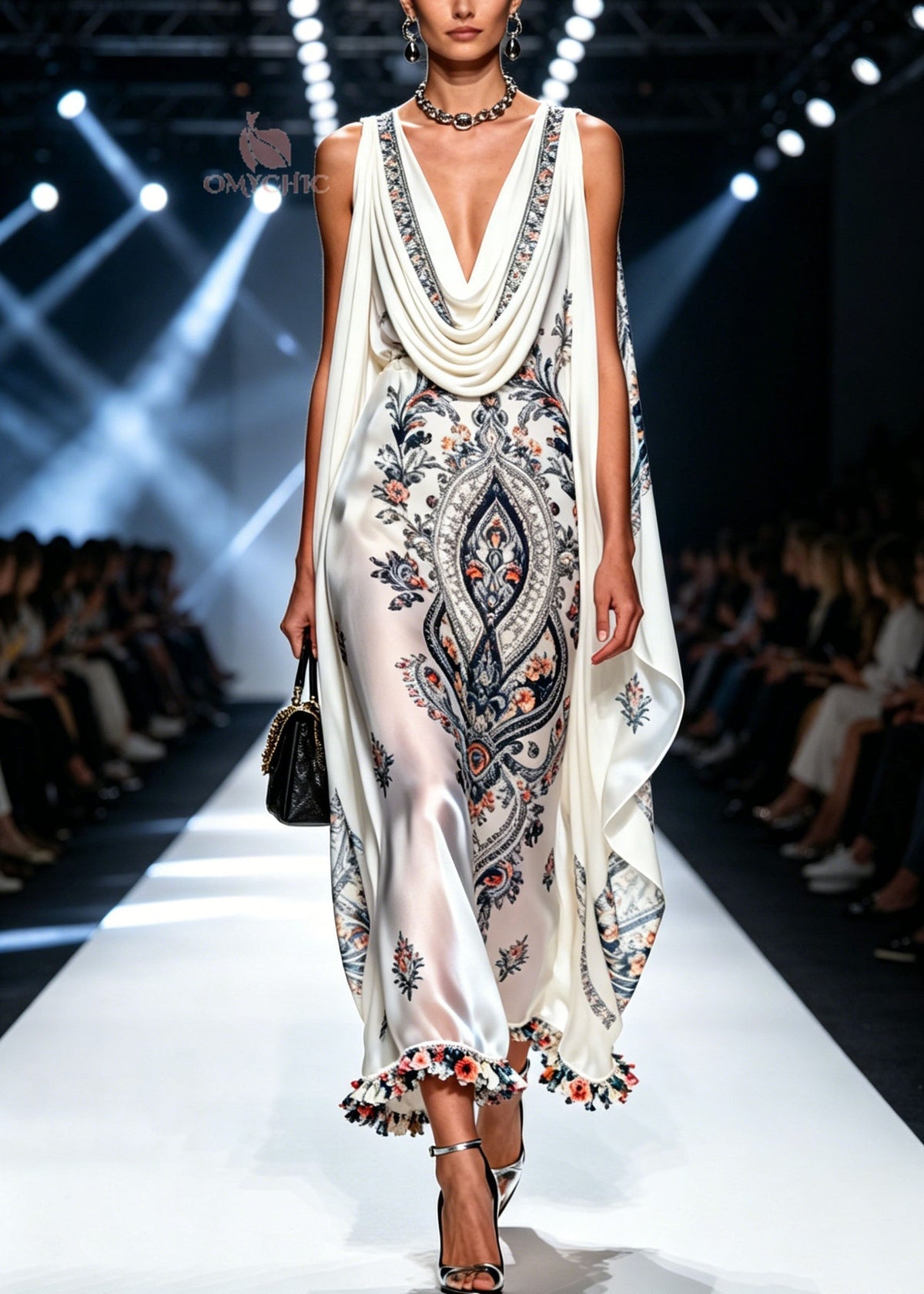 Paisley Floral Print Cowl Neck Shoulder Cape Ruffle Pom Hem Maxi Gown - View 5