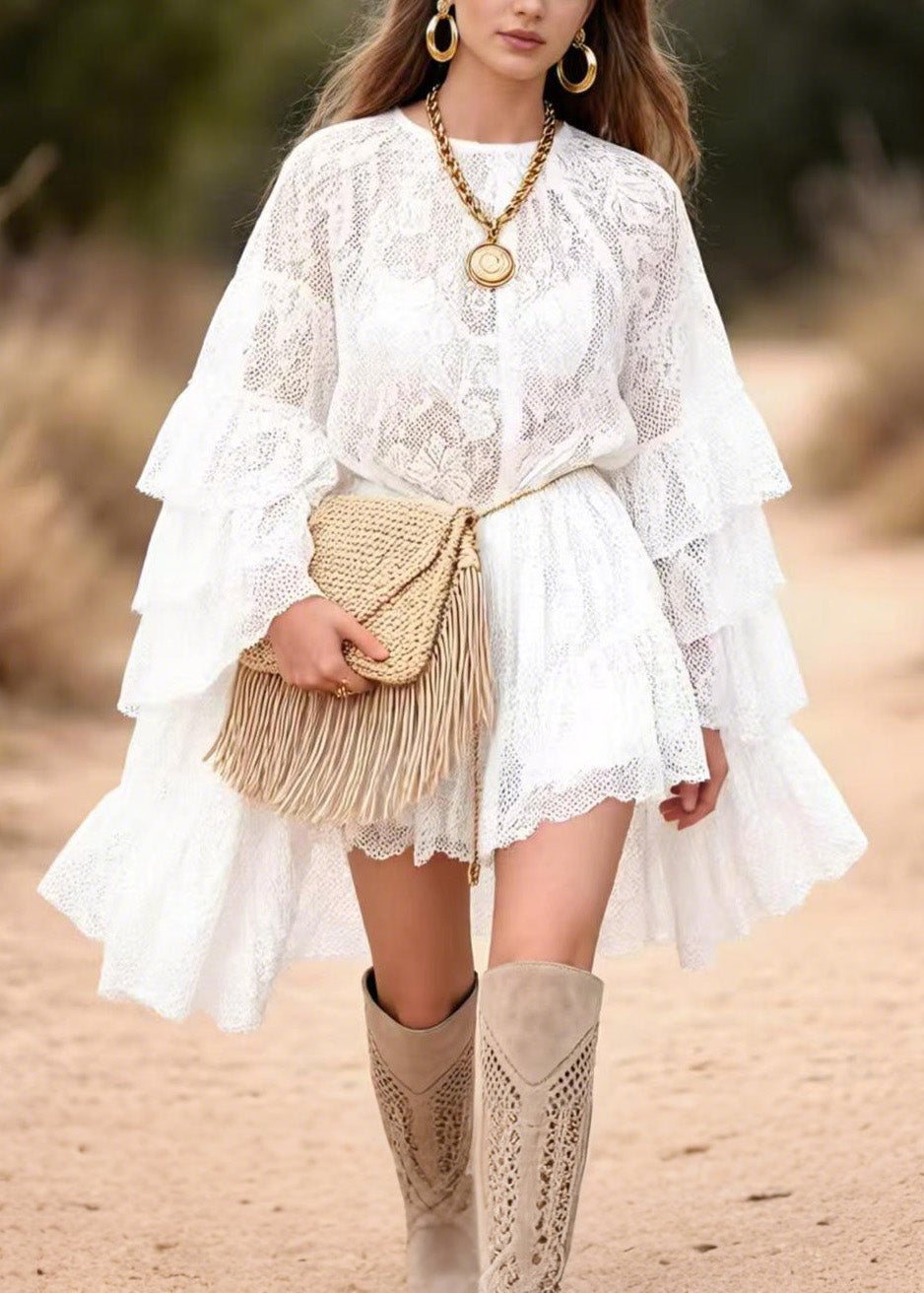 Stylish White Ruffled Patchwork Lace Mid Dress Butterfly Sleeve - View 3