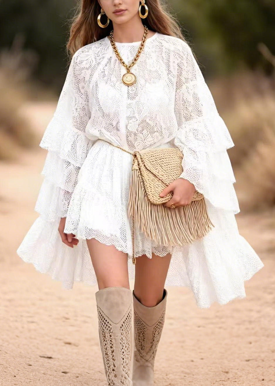 Stylish White Ruffled Patchwork Lace Mid Dress Butterfly Sleeve - View 5