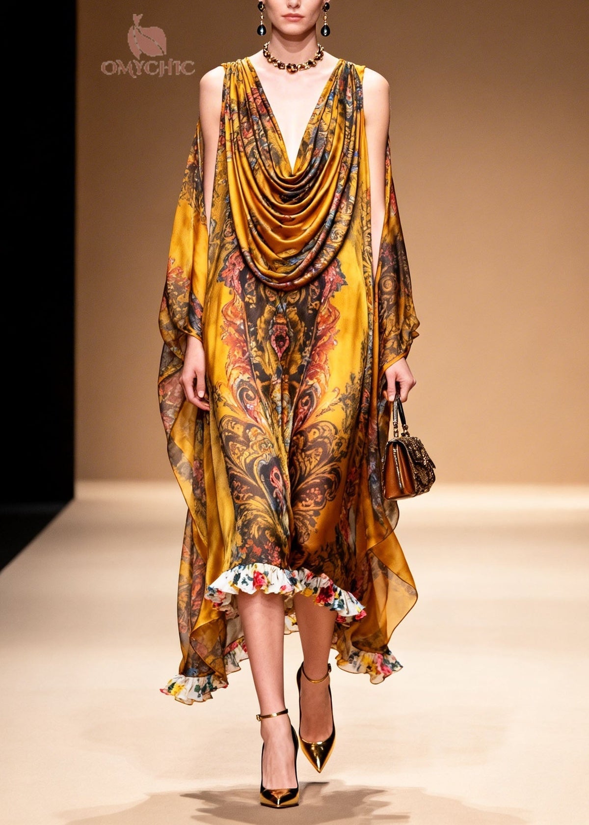 Stylish Yellow Cold Shoulder Print Chiffon Maxi Dresses Summer - View 3