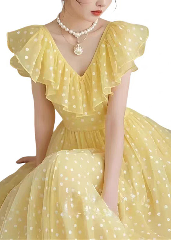 Stylish Yellow V Neck Ruffled Print Chiffon Long Dress Summer - View 6